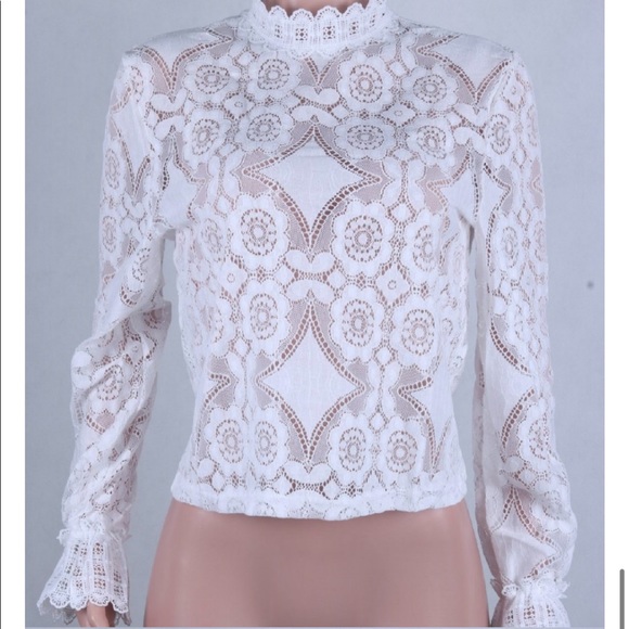 Long Sleeve High Neck Lace Blouse White Boho Chic - Picture 11 of 16